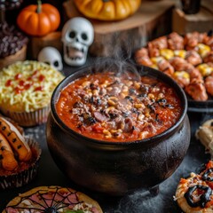 Steaming Hot Chili in a Black Cast Iron Pot.