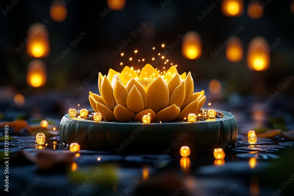 Poster Whimsical krathong with sparkling fairy lights and tiny floating lanterns around it, set in an enchanted forest