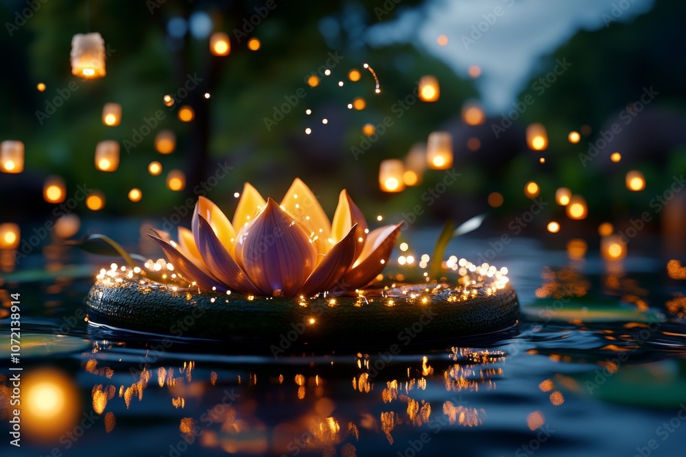 Poster Whimsical krathong with sparkling fairy lights and tiny floating lanterns around it, set in an enchanted forest