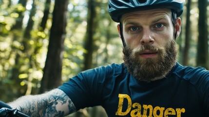 Intense Mountain Biker with Beard in Forest Wearing Protective Gear and Displaying Determination While Riding on a Sunny Day Outdoors
