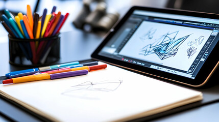 A tablet displaying a digital sketch, a notepad with a sketch, and several coloured markers on a desk.