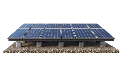 solar panel farm, with rows of solar panels the ground beneath showing layers of sand and pebbles, transparent png background