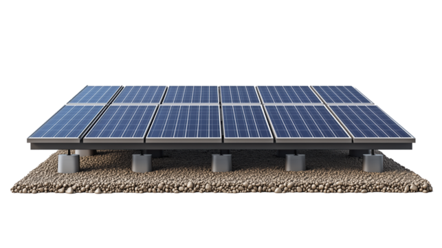 solar panel farm, with rows of solar panels the ground beneath showing layers of sand and pebbles, transparent png background