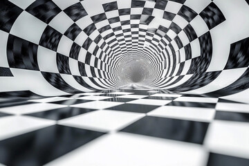 A mesmerizing black and white checkered tunnel illusion