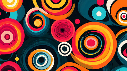 Abstract background with colorful swirling circles on a dark background.