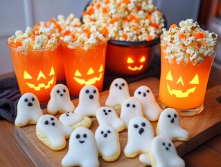 Obraz premium Halloween Treats with Ghost Cookies, Popcorn and Jack-O-Lantern Drinks.
