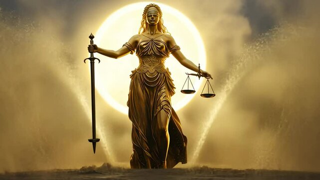 A statue of Justice holding scales and a sword, set against a glowing background.
