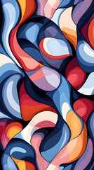 Abstract colorful wavy pattern with shades of blue, red, yellow and white.