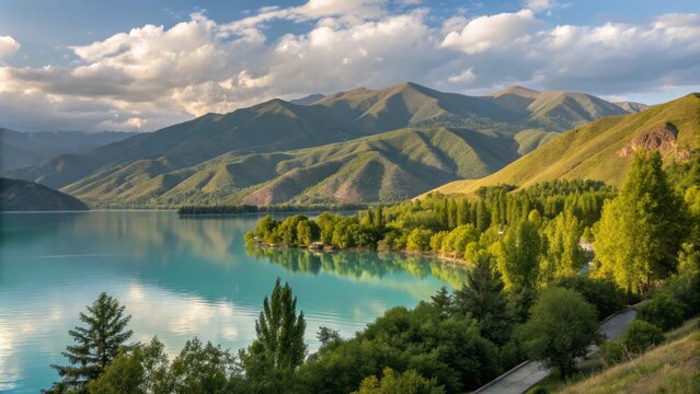 Serene Landscape of Lake Sevan with Majestic Mountain Ridges Surrounded by Lush Greenery in Armenia