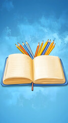 An open book with colorful pencils sticking out of it against a blue sky background.