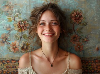 Beautiful Woman Smiling Against Floral Background