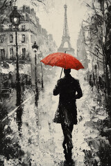 A lone figure walks with a red umbrella on a rainy Paris street.