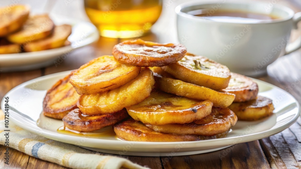Poster golden brown apple slices drizzled with honey and arranged on a white plate, a delightful sweet trea