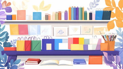Colorful shelves with various stationery supplies.