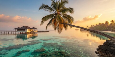 Naklejka premium Stunning Turquoise Lagoon in Maldives with Vibrant Colors and Serene Palm Trees Floating Calmly