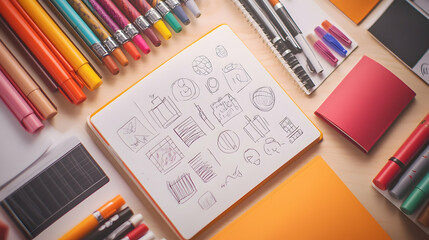 Flat lay of a desk with a notebook, pens, and markers.