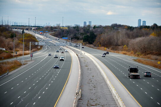 Highway 407 near Markham, Ontario. The 407 ETR is an express toll route highway. 