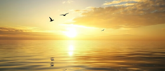 Golden sunset over calm ocean with three birds flying in the sky.