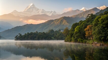 Fototapeta premium Tranquil Phewa Lake in Pokhara, Nepal with Majestic Mountains and Vibrant Lakeside Serenity