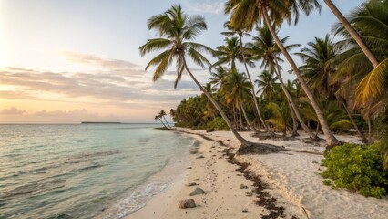 Fototapeta premium Tranquil Tropical Island Beach Scene at Morning with Soft Warm Light and Impressionist Effects