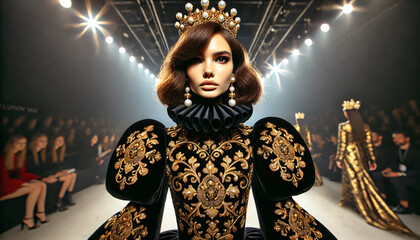 Fashion model wearing royal attire on a fashion runway. 
