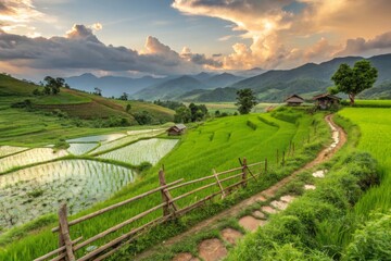 Fototapeta premium Vibrant Colorful Landscape of Lush Green Rice Paddy Fields in Bien Hoa, Vietnam at Sunset