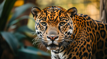 Obraz premium A close-up portrait of a jaguar, a large wild cat with a spotted coat, looking directly at the camera.