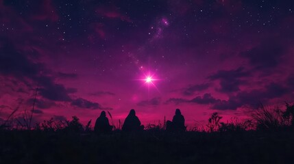 Silhouette of Three Figures Watching a Bright Star in a Mystical Pink Night Sky with Stars and Clouds, Conveying Wonder and Serenity in Nature