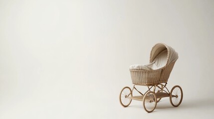 Vintage wicker baby carriage on a light background, evoking nostalgia and charm, ideal for family, parenting, or childhood themes in design and advertising projects