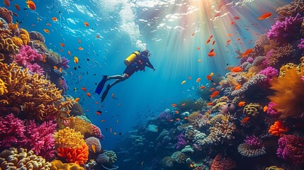 Fototapeta premium A snorkeler glides through crystal-clear tropical waters, observing vibrant coral reefs and colorful fish. Sunlight filters through the water, illuminating the underwater world in vivid detail