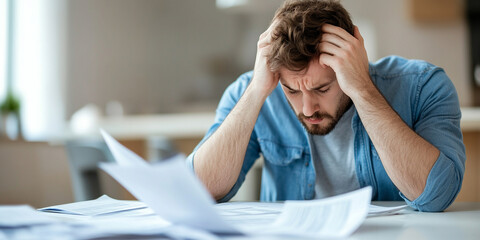 Stressed individual reviewing bills and documents at table, showing frustration and concern over financial matters. Papers scattered around create chaotic atmosphere