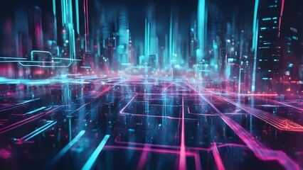 Obraz premium Futuristic cityscape with neon lights and digital elements.