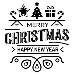 set of black and white labels Merry Christmas icon, tree, gift.