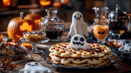 Fototapeta premium Spooky Halloween Waffles with Ghost Decorations.