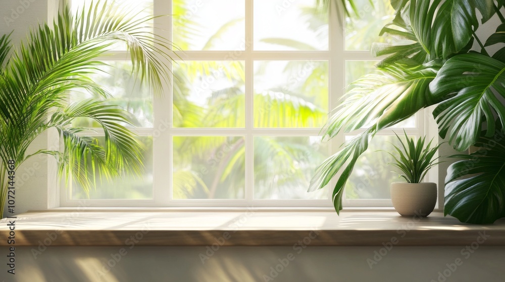 Poster A window with a view of palm trees and a potted plant