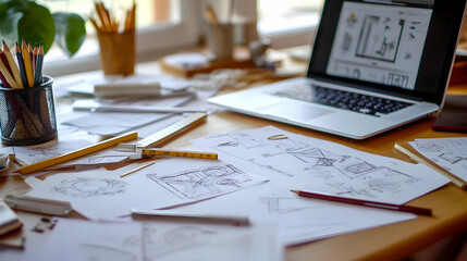 A cluttered desk with a laptop, pencils, and sketches of a building.