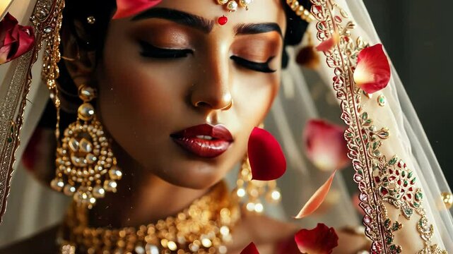 Beautiful Indian bride in red saree gold jewelery traditional hindu ceremony wedding