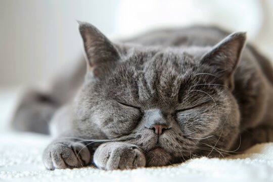 A gray cat is sleeping soundly on a white carpet