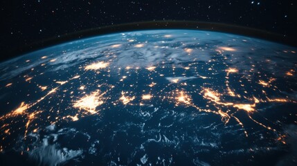 View of Earth from Space at Night Showing Vibrant City Lights and Natural Elements in a Stunning Cosmic Landscape with Stars and Deep Blue Oceans