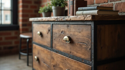 Industrial chest of drawers with wood, metal, and vintage decor