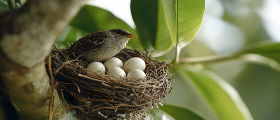 A small bird sits on a nest with a clutch of white eggs.