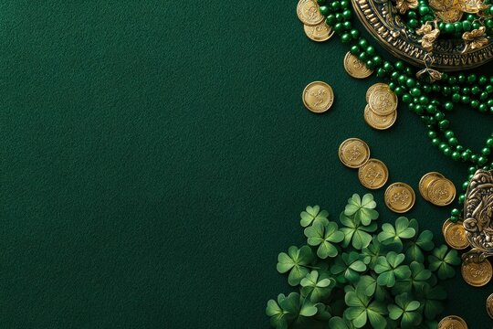 Decorative elements featuring green beads, clovers, and gold coins for St. Patrick's Day celebration - Powered by Adobe