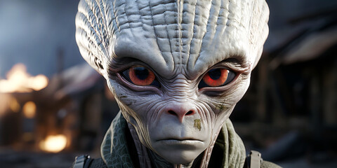 A serious-looking alien with textured pale skin and striking red eyes gazes forward, set against a blurred, smoky background.