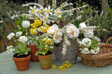 Still life spring flower arrangement in baskets and pots on a table, outdoors