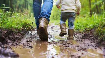 Family Bonding Moment on a Rainy Day: A Parent and Child Walk Together in Muddy Path Surrounded by Lush Green Nature and Vibrant Sunlight in Outdoor Adventure