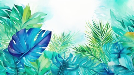 Naklejka premium Tropical Paradise. Lush Watercolor Monstera and Palm Leaves on Light Background with Blank Space for Text