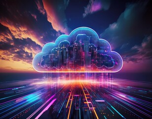 Futuristic digital cloud containing neon cityscape against a dramatic sunset sky