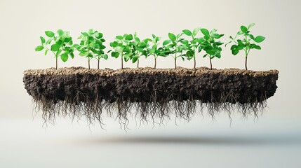 Small plot of land with newly planted saplings, showing layers of fertile soil and tiny roots beginning to spread, floating mid-air on a white background.