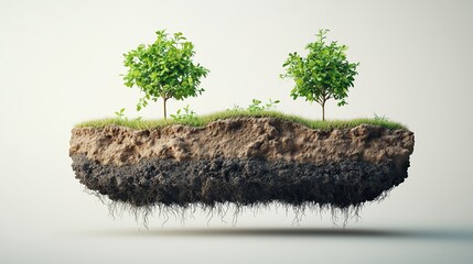 Small plot of land with newly planted saplings, showing layers of fertile soil and tiny roots beginning to spread, floating mid-air on a white background.