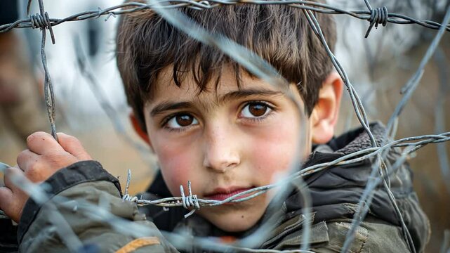 Arab refugee kid looking through barb wire refugee crisis